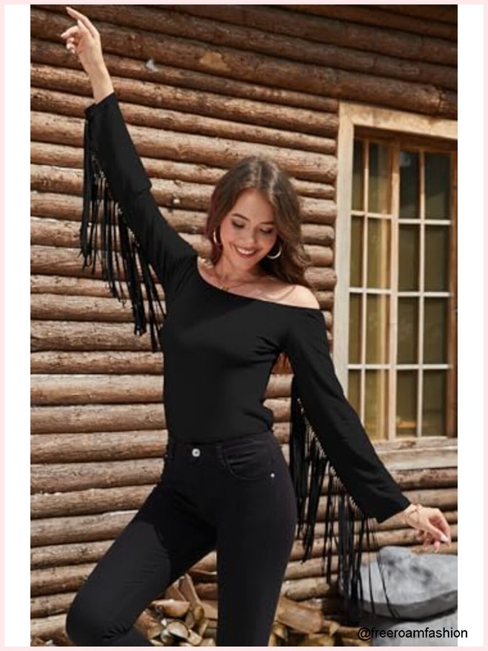 Off Shoulder Fringe Tops Women Western Cowgirl Stretchy Long Sleeve Tassel Y2K - Picture 5 of 6